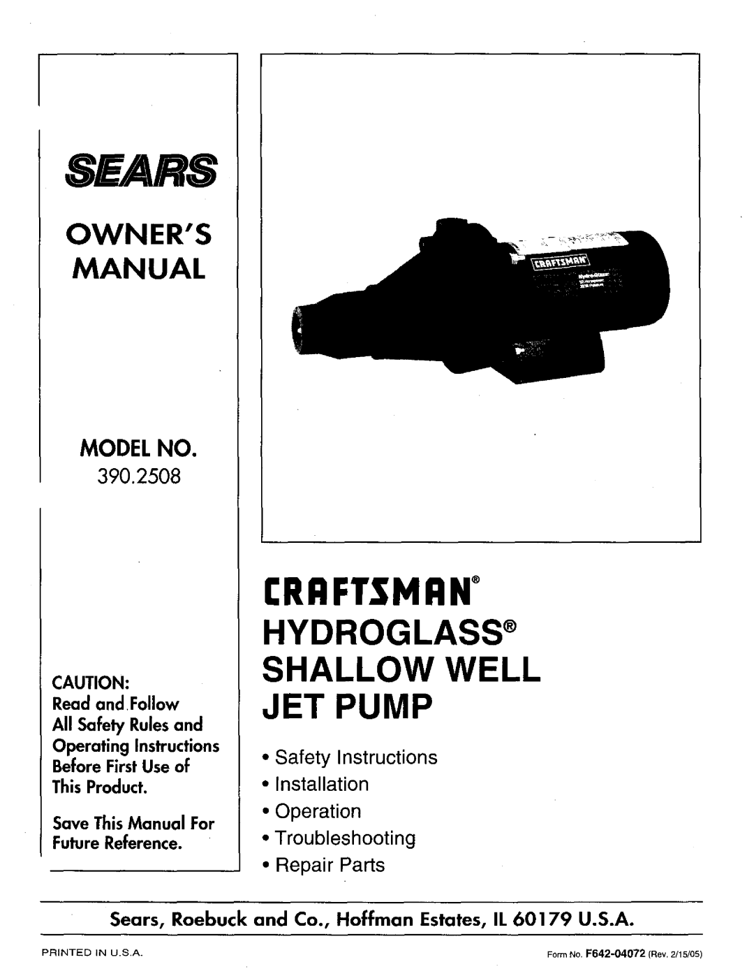 Sears 390.2508 owner manual Sears 