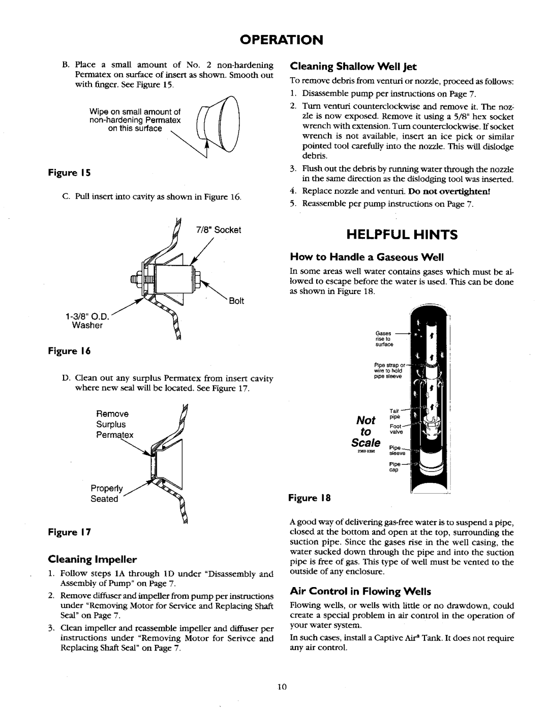 Sears 390.2508 owner manual Helpful Hints, Operation, Cleaning Shallow Well Jet, How to Handle a Gaseous Well 