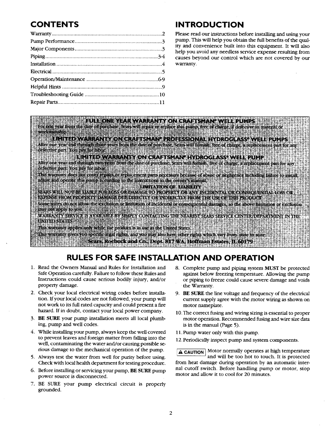 Sears 390.2508 owner manual Contents Introduction, Rules for Safe Installation and Operation 