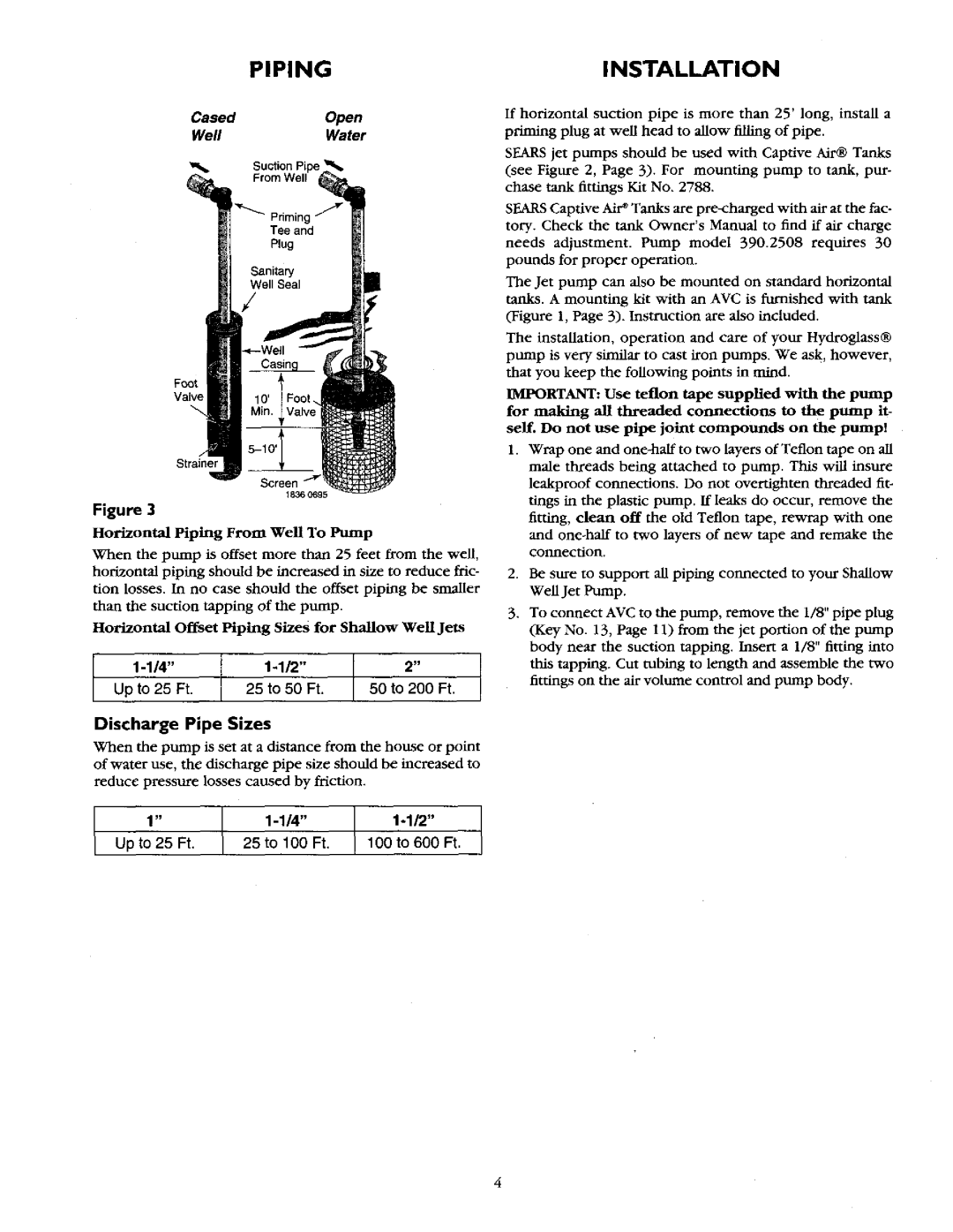 Sears 390.2508 owner manual Pipinginstallation, Discharge Pipe Sizes 