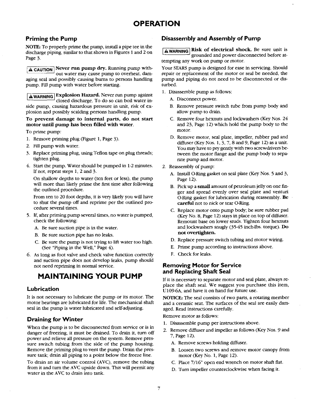 Sears 390.2508 owner manual Operation, Maintaining Your Pump, Draining for Winter, Removing Motor for Service 