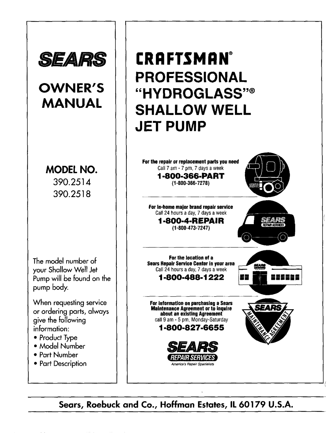 Sears 390.2518, 390.2514 owner manual Sears 