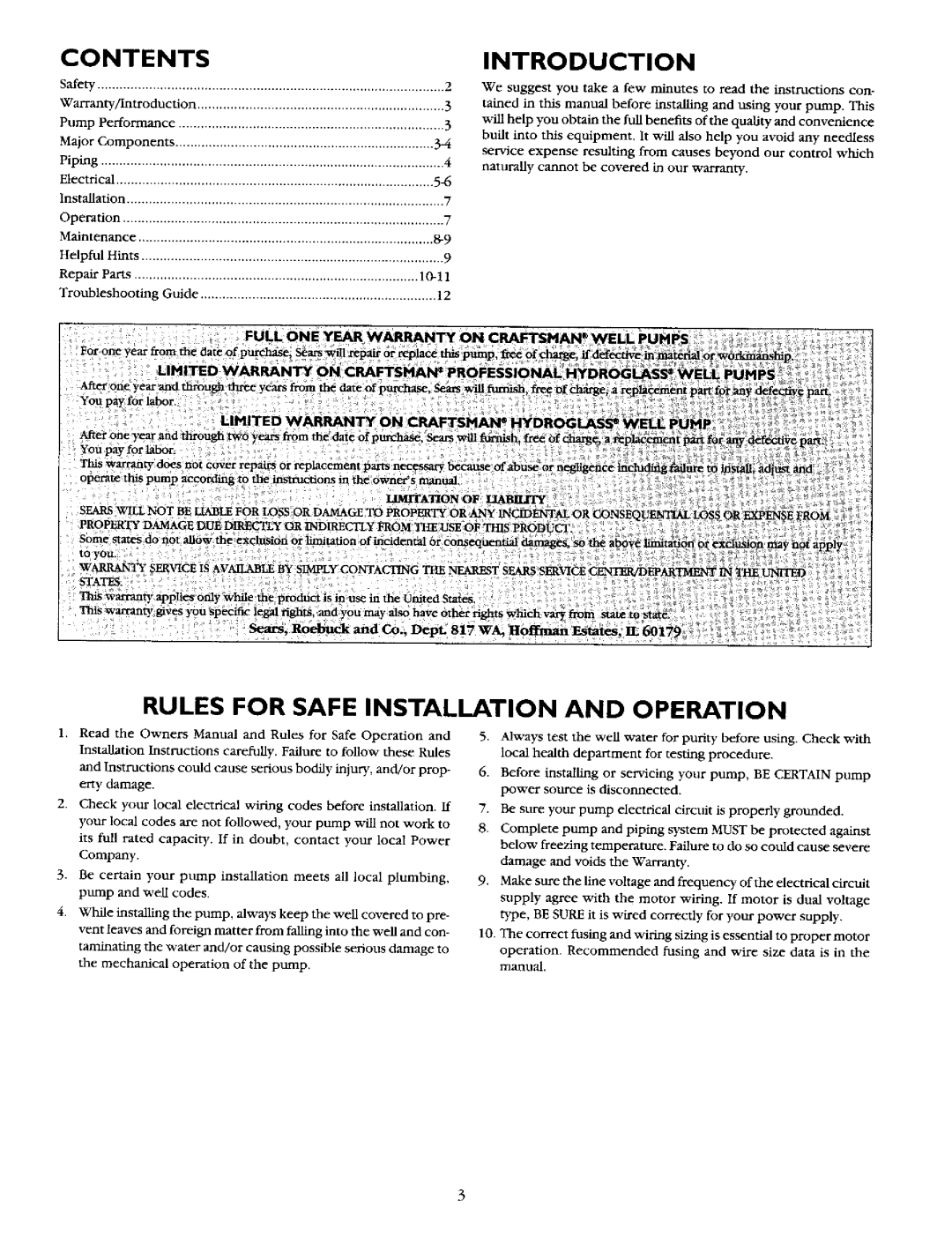 Sears 390.2514, 390.2518 owner manual Contents, Introduction, Rules for Safe Installation and Operation 