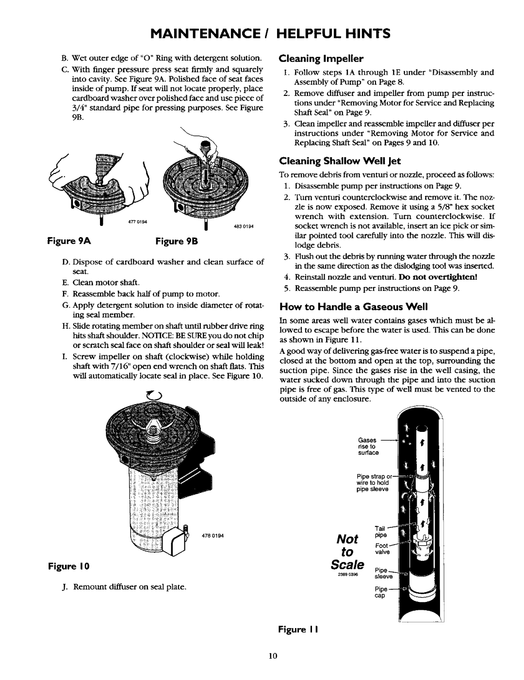 Sears 390.2521 Maintenance / Helpful Hints, Cleaning Impeller, How to Handle a Gaseous Well, Cleaning Shallow Well Jet 