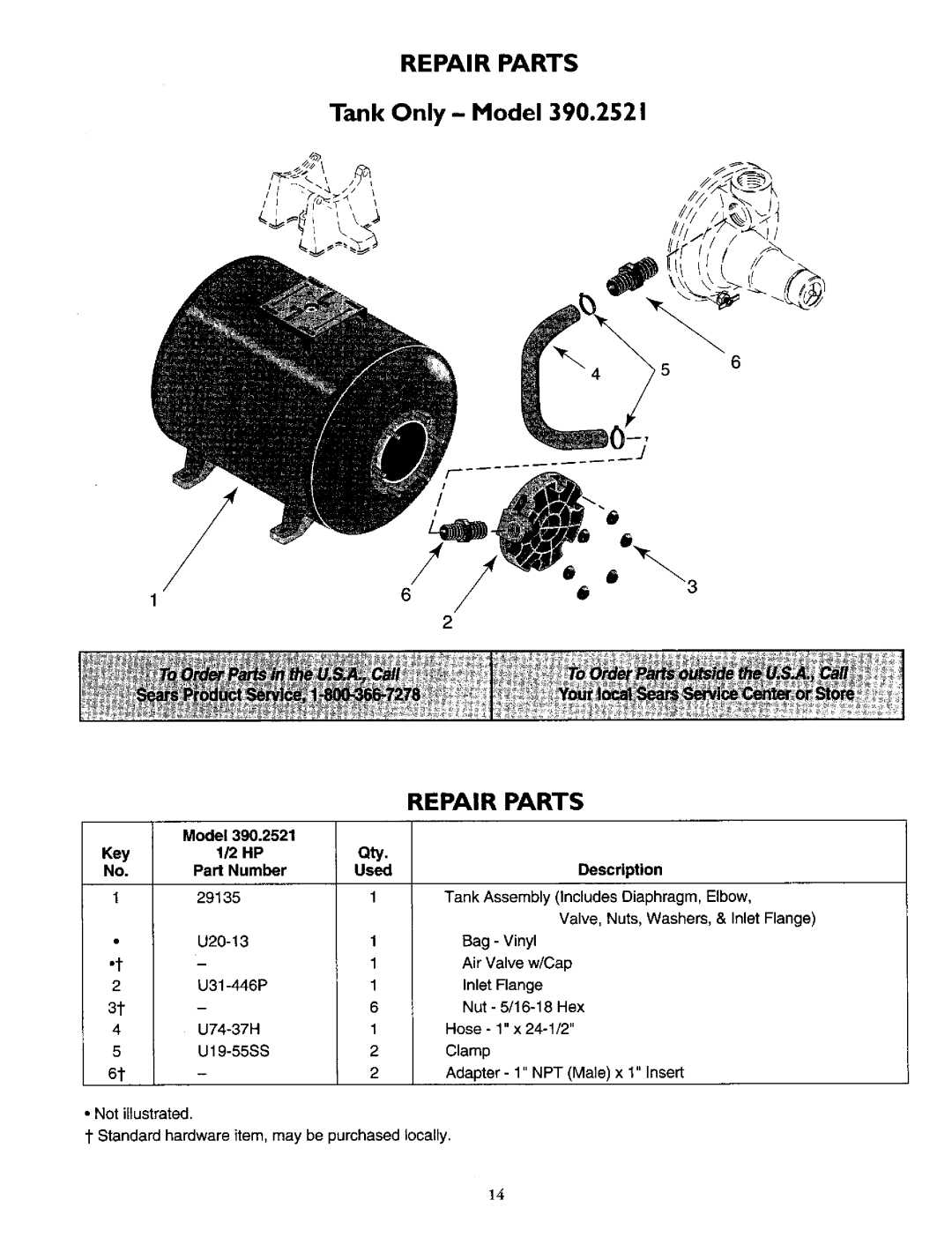 Sears 390.2521 owner manual Repair Parts, Model Key Qty Part Number Used Description 