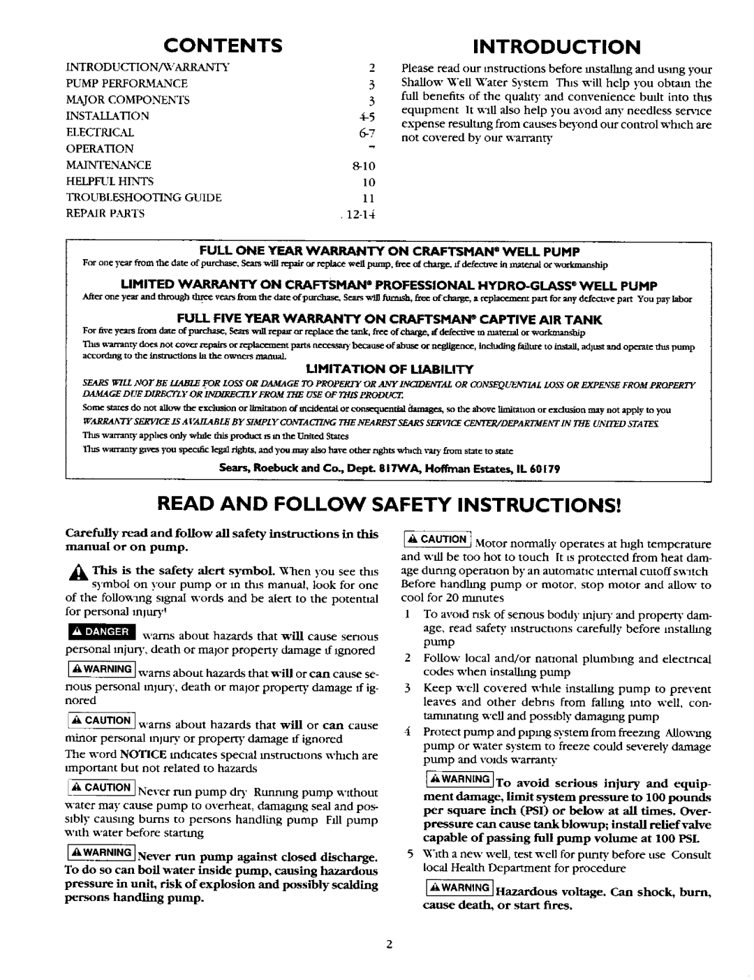 Sears 390.2521 owner manual Contentsintroduction, Read and Follow Safety Instructions 