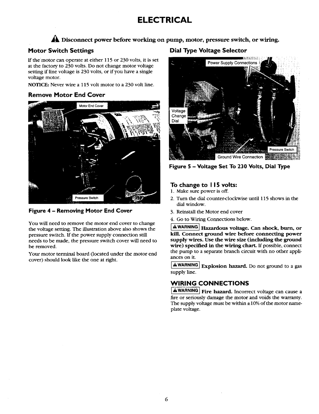 Sears 390.2521 owner manual Electrical, Dial Type Voltage Selector, Remove Motor End Cover, Motor Switch Settings 