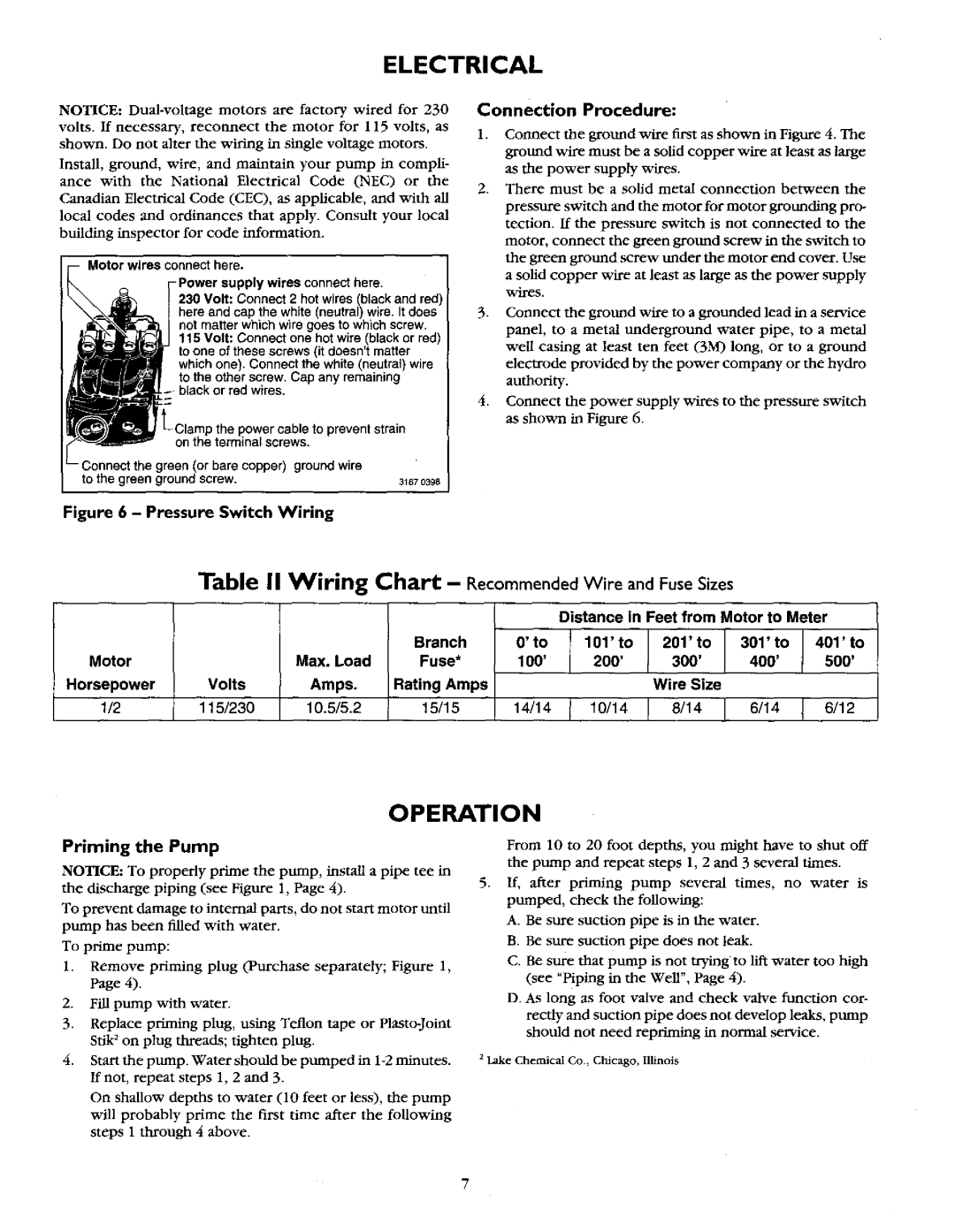 Sears 390.2521 owner manual Operation, Recommended Wire and Fuse Sizes 