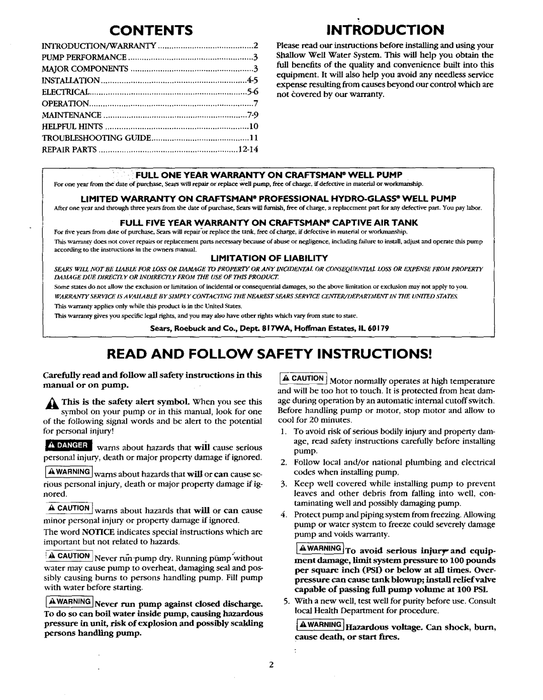 Sears 390.252158 owner manual Contentsintroduction, Read and Follow Safety Instructions 