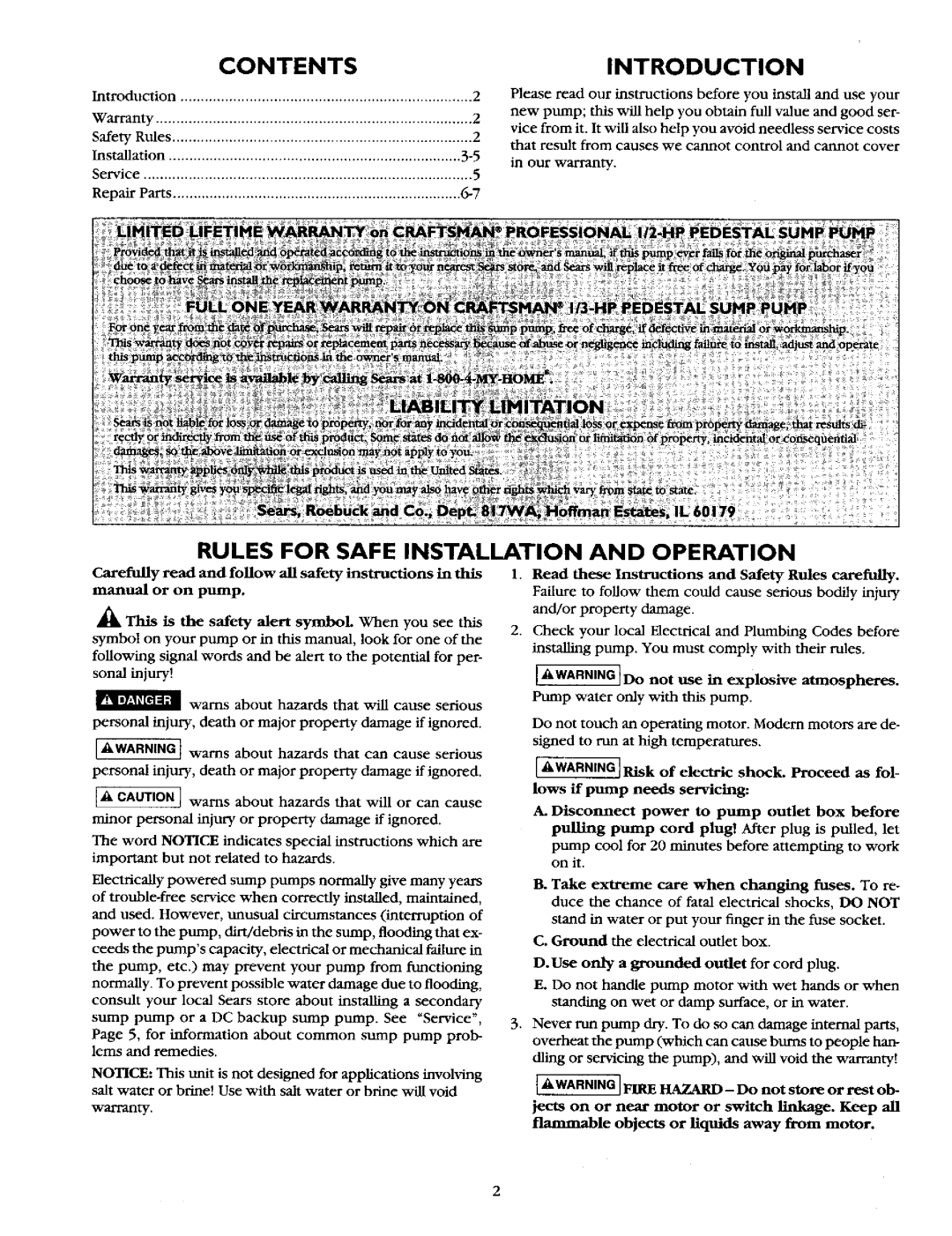 Sears 390.303491, 390.303302 owner manual Contents, Introduction, Rules for Safe Installation and Operation 