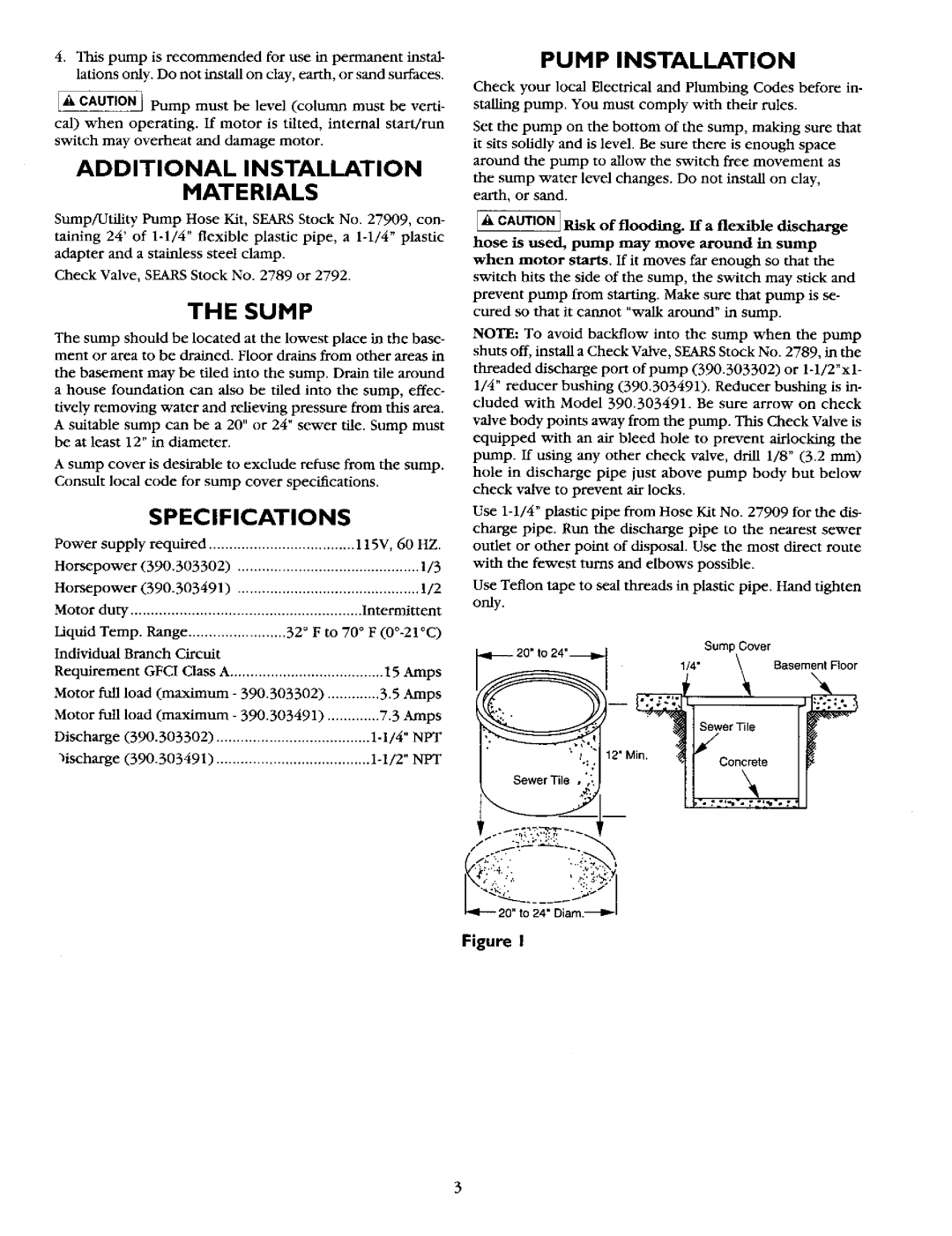 Sears 390.303302, 390.303491 owner manual Additional Installation Materials, Sump, Specifications, Pump Installation 