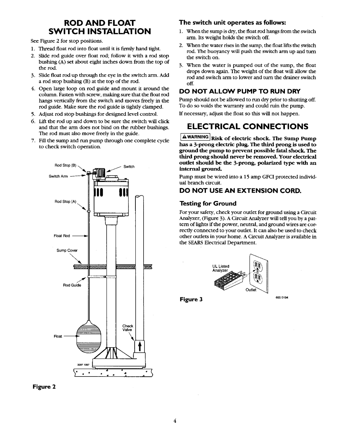 Sears 390.303491, 390.303302 owner manual III Ill, ROD and Float Switch Installation, Electrical Connections 