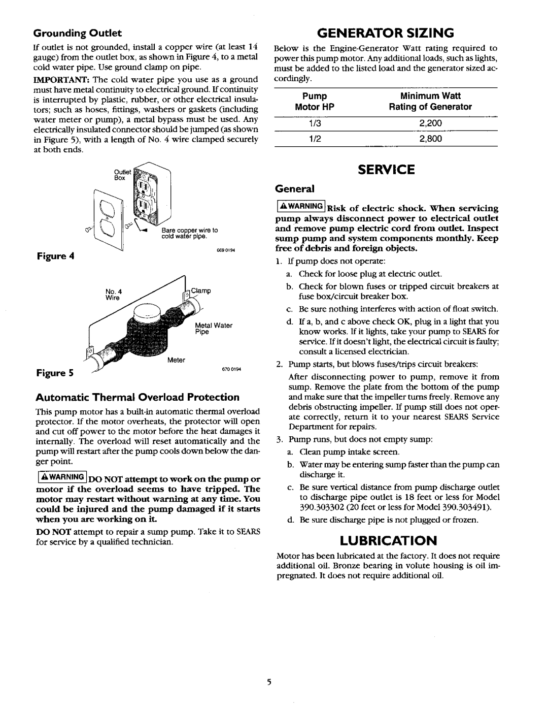 Sears 390.303302, 390.303491 Service, Lubrication, Generator Sizing, Pump Minimum Watt Motor HP Rating of Generator 