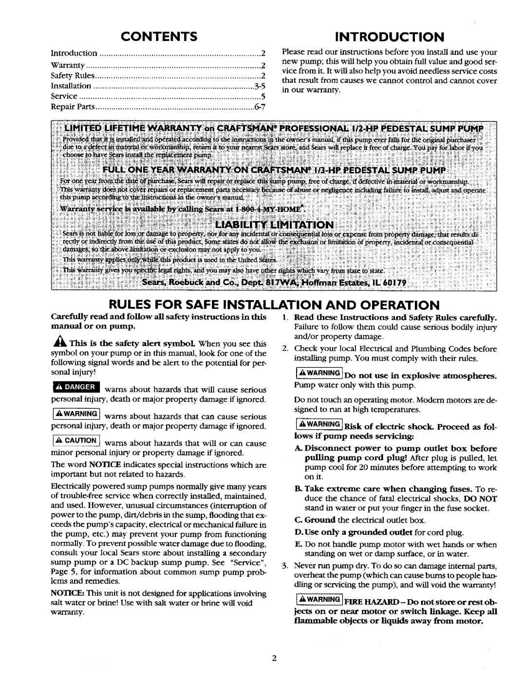 Sears 390.303491, 390.303302 owner manual Contents, Introduction, Rules For Safe Installation And Operation 