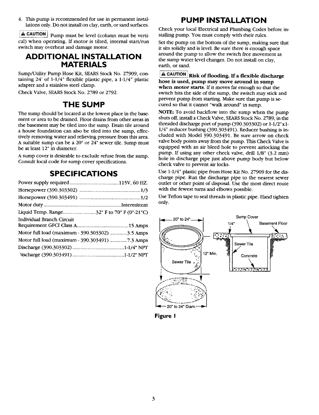 Sears 390.303302, 390.303491 Additional Installation Materials, The Sump, Specifications, Pump Installation, + g 