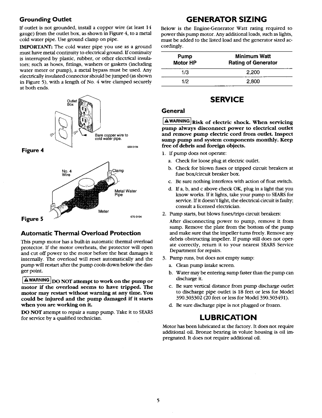 Sears 390.303302 Service, Lubrication, Generator Sizing, Automatic Thermal Overload Protection, General, Grounding Outlet 