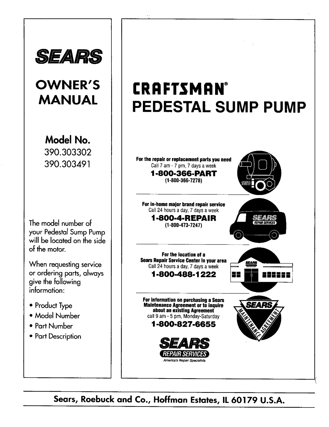 Sears owner manual Model No, Repair, Part, Sears, Irrftsmrn, Pedestal Sump Pump, Owners Manual, 390.303302 390.303491 