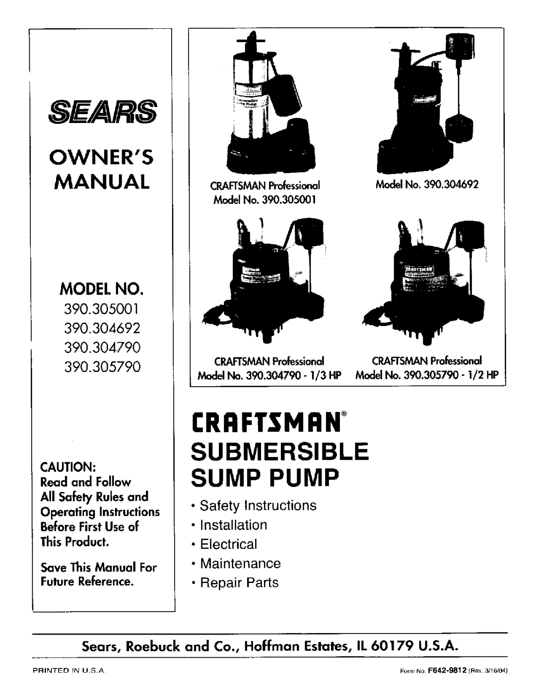 Sears 390.304692 owner manual SE/41RS 