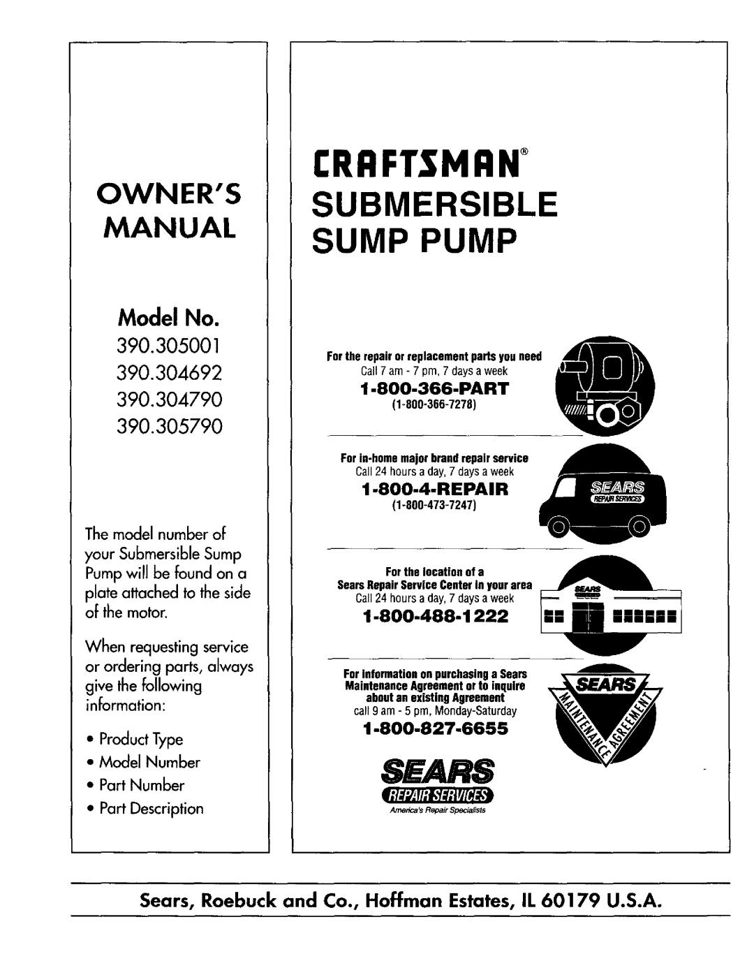 Sears 390.304692 owner manual Forthe repairor replacementpartsyou need, Forin-homemajorbrandrepairservice 