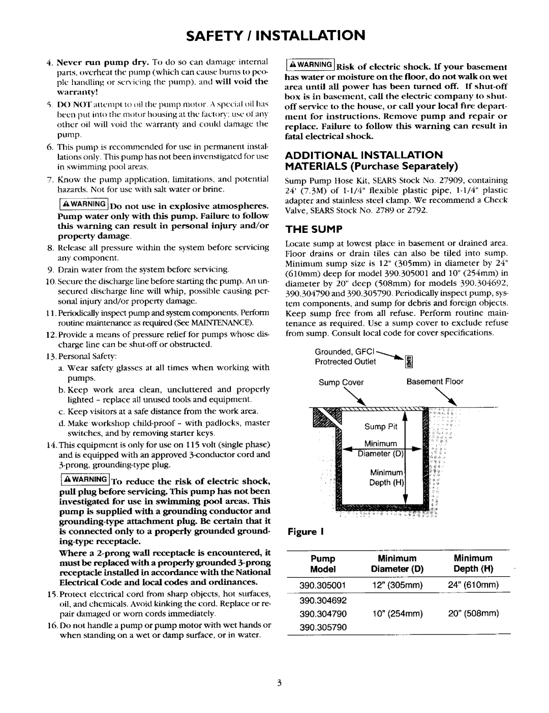 Sears 390.304692 owner manual Safety / Installation, Additional Installation, Materials Purchase Separately, Sump 