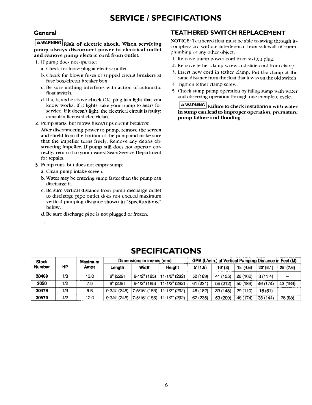 Sears 390.304692 owner manual Service / Specifications, General, Teathered Switch Replacement 