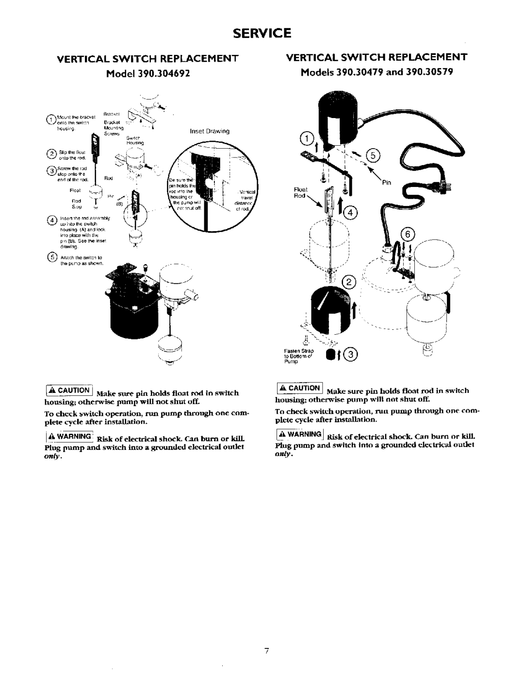 Sears 390.304692 owner manual Service, Vertical Switch Replacement, Models 390.30479 