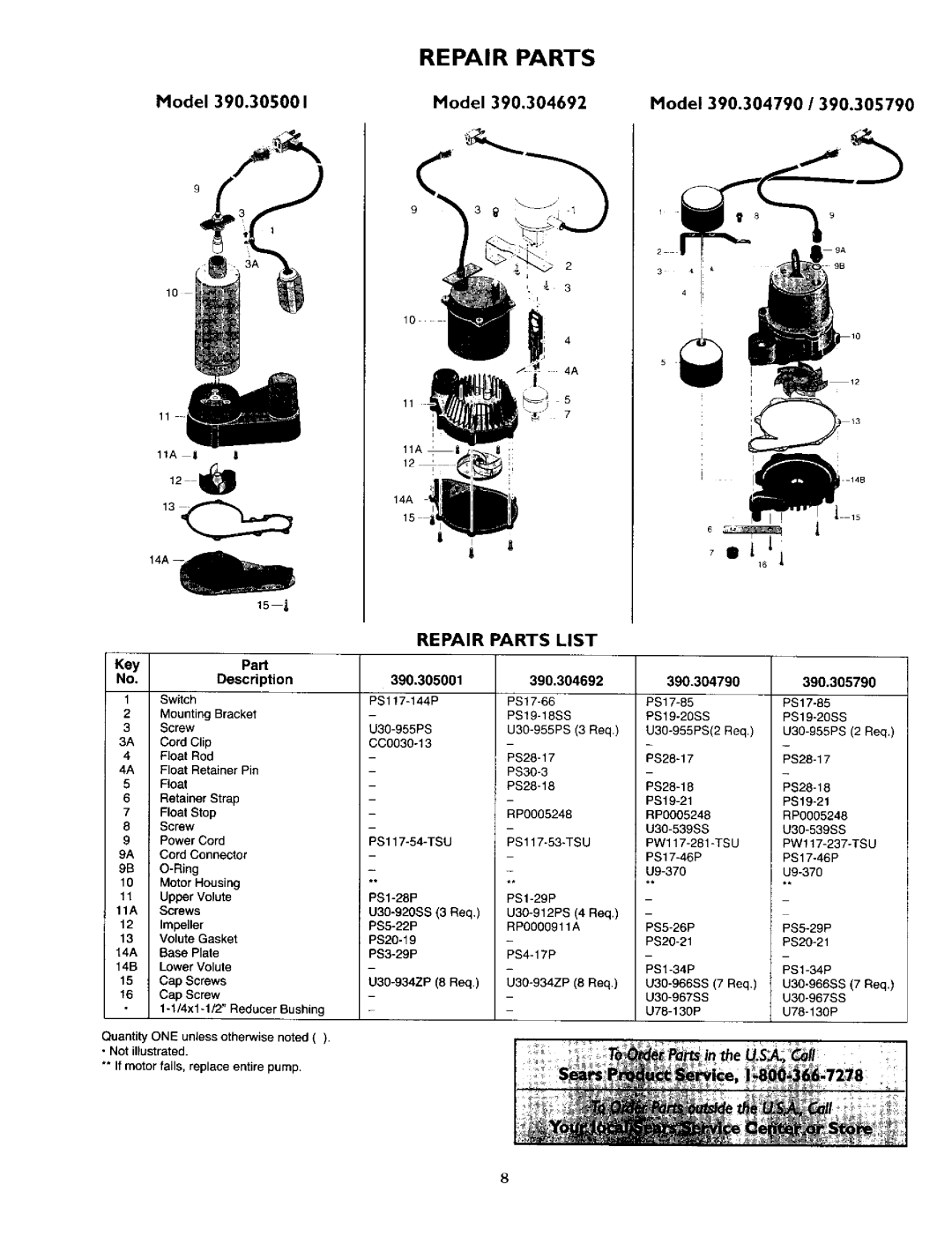 Sears owner manual Repair Parts, Model Model390.304692 390.305790, KeyPart 