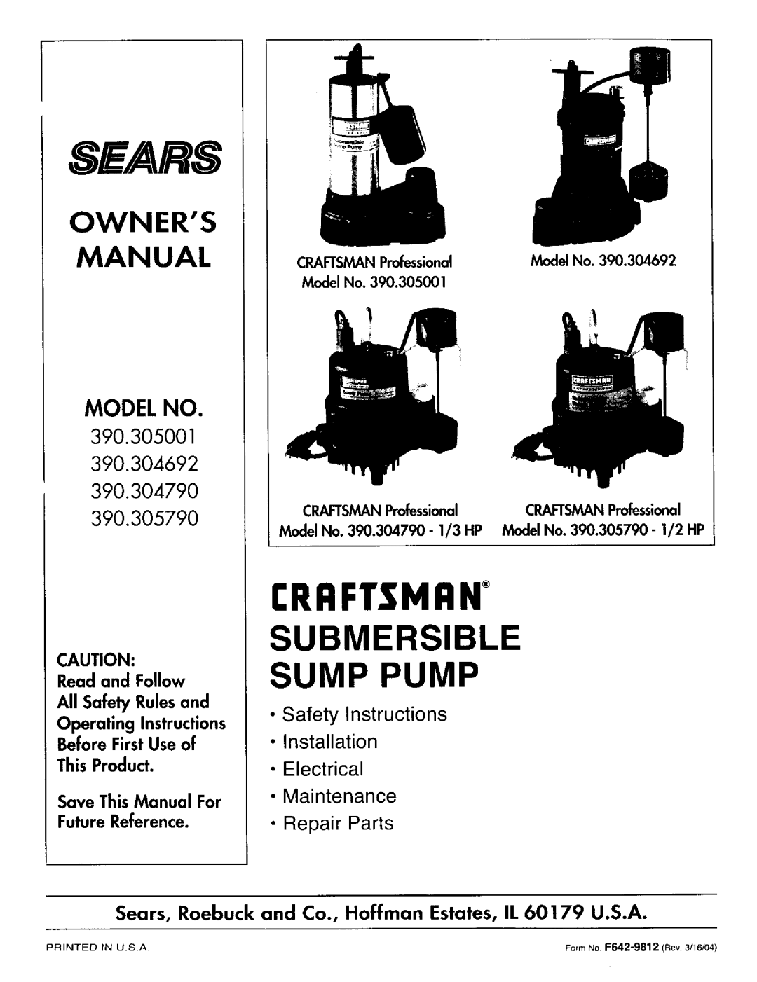 Sears owner manual Rrftsmrw, Submersible, Owners Manual, 390.305001 390.304692 390.304790 390.305790, SE/41RS, Model No 