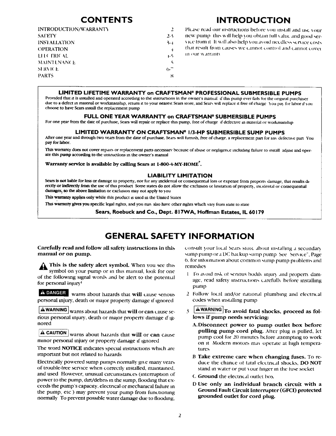 Sears 390.304692 owner manual Contentsintroduction, General Safety Information, Allation, bt R, Liability Limitation, Cures 