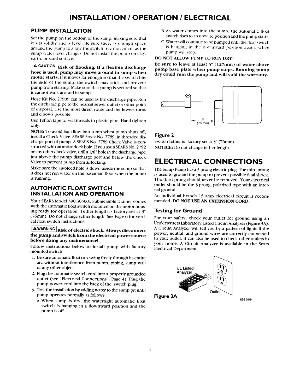 Sears 390.304692 Electrical Connections, Installation / Operation / Electrical, Pump Installation, I CAUTION IRisk 