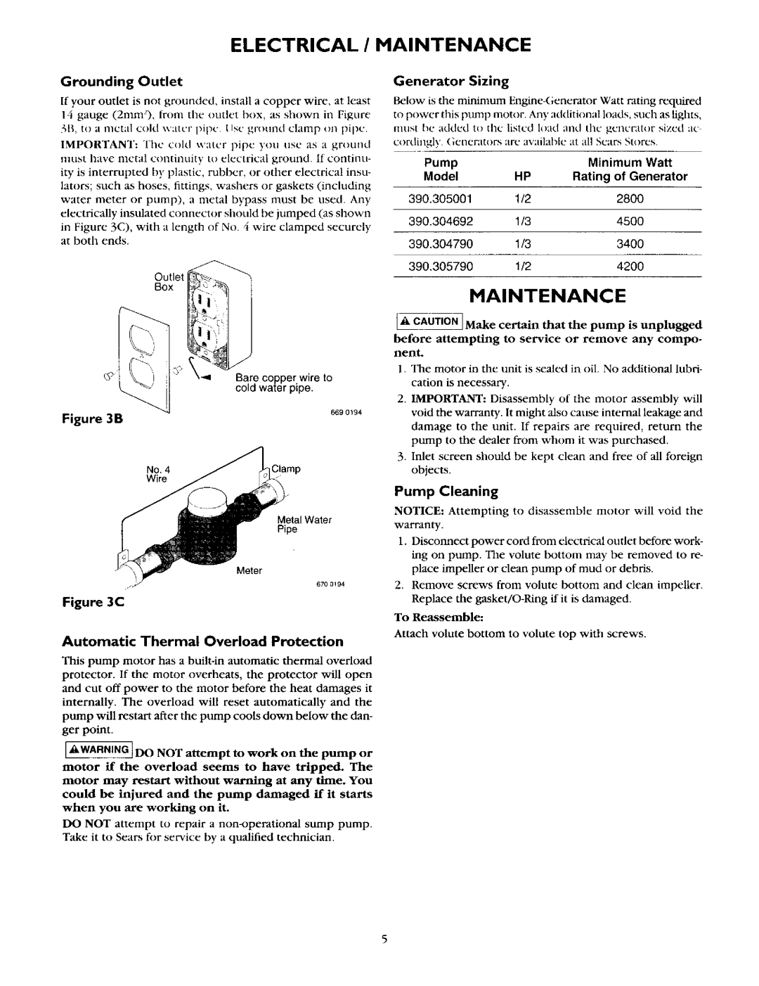 Sears 390.304692 owner manual Electrical / Maintenance, Pipe 