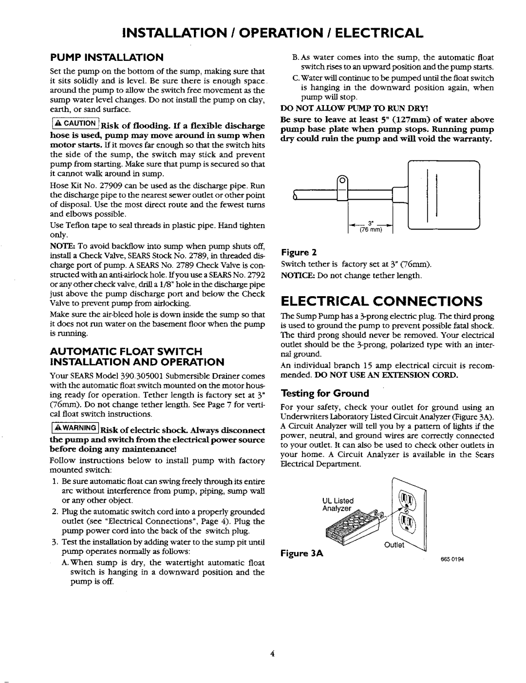 Sears 390.305001, 390.30479 Installation / Operation / Electrical, Pump Installation, Testing for Ground, UL Listed 