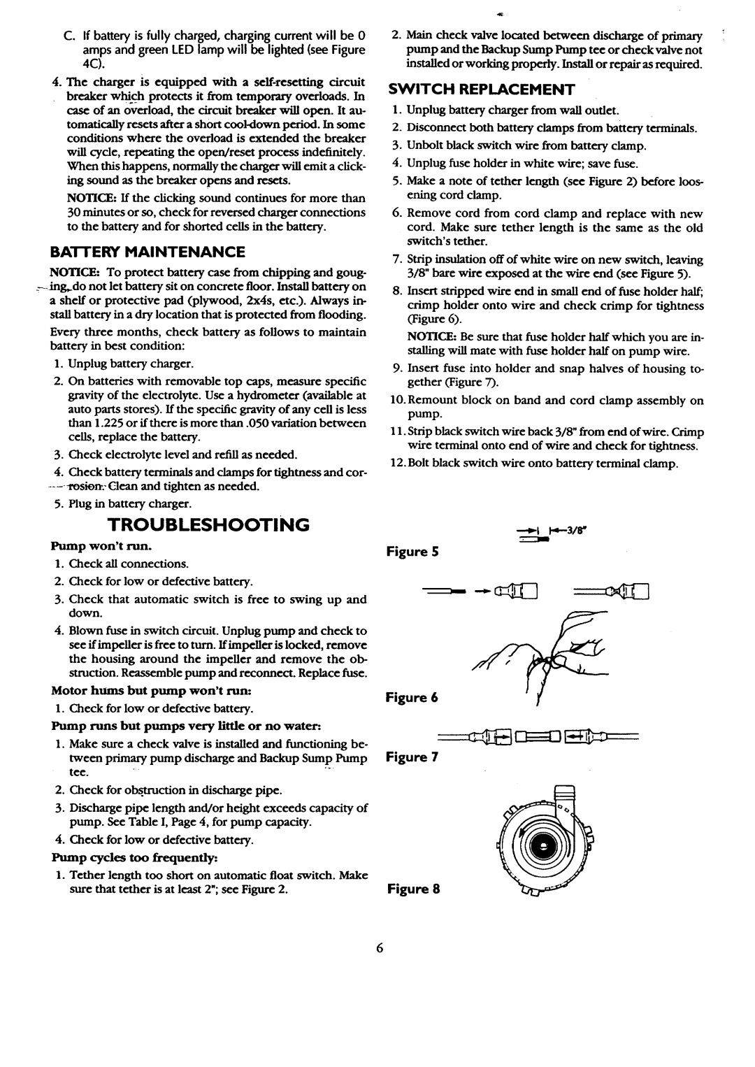 Sears 390.306062 owner manual Troubleshooting, Battery Maintenance, Switch Replacement 