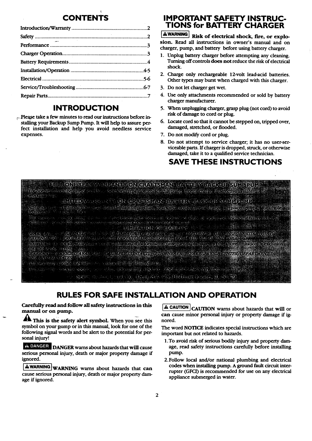 Sears 390.306062 owner manual Contents, Introduction, IMPORTANT SAFETY INSTRUC- TIONS for BATTERY CHARGER 