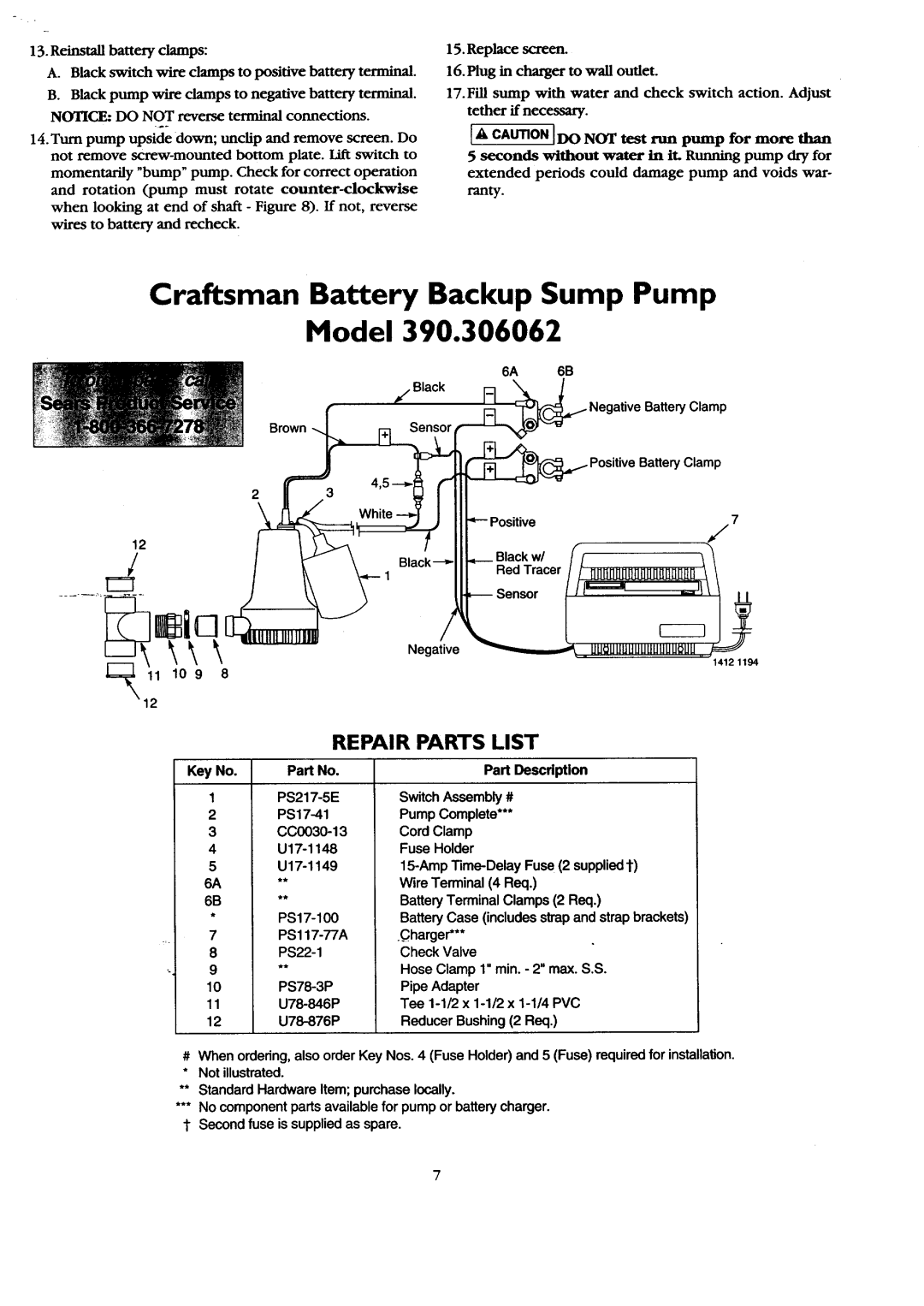 Sears 390.306062 owner manual Craftsman Battery Backup Sump Pump Model, Repair Parts List 