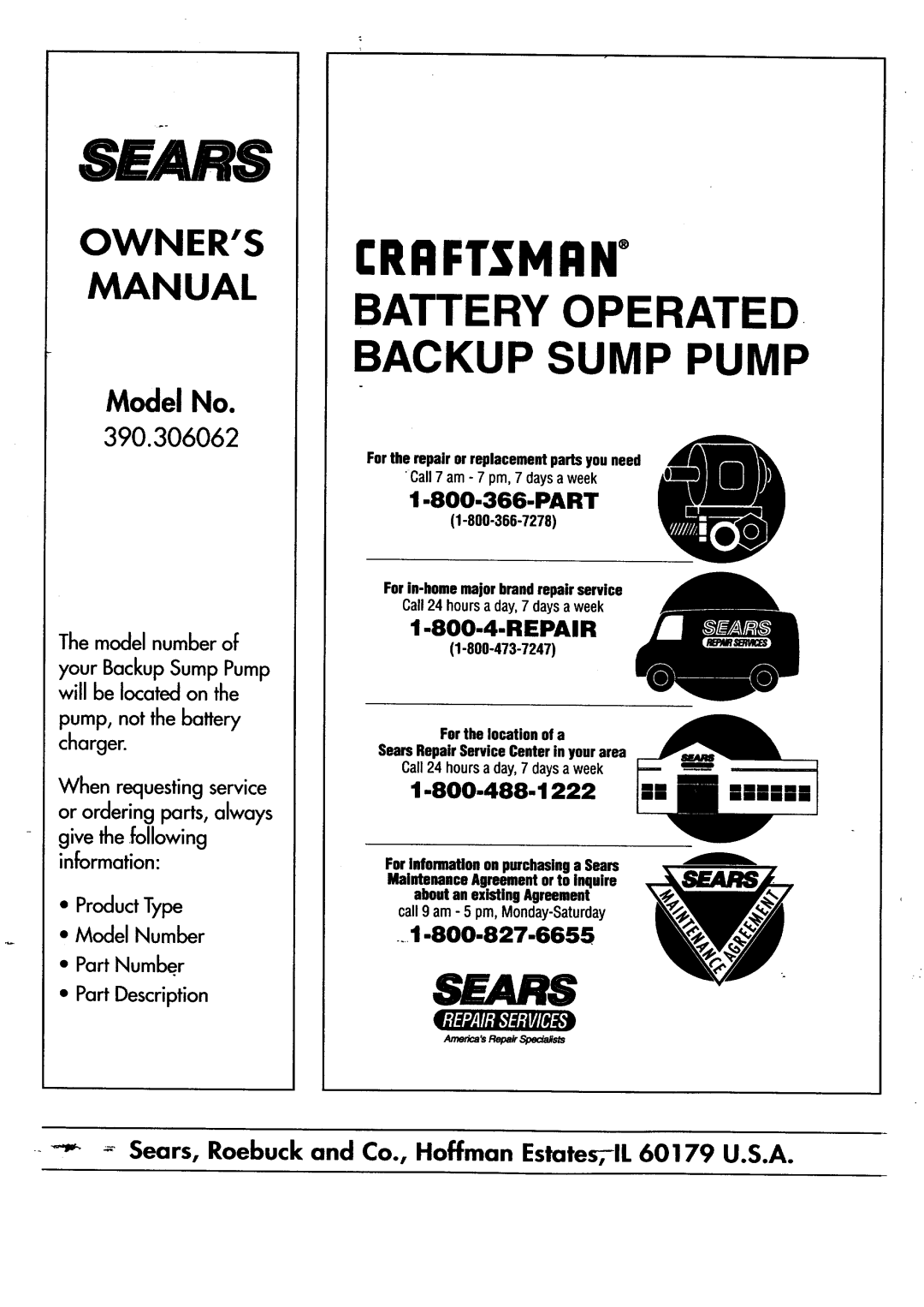 Sears 390.306062 Backup Sump Pump, SF.4RS, Sears, Roebuck and Co., Hoffman EstatesTIL 60179 U.S.A, Part Description 