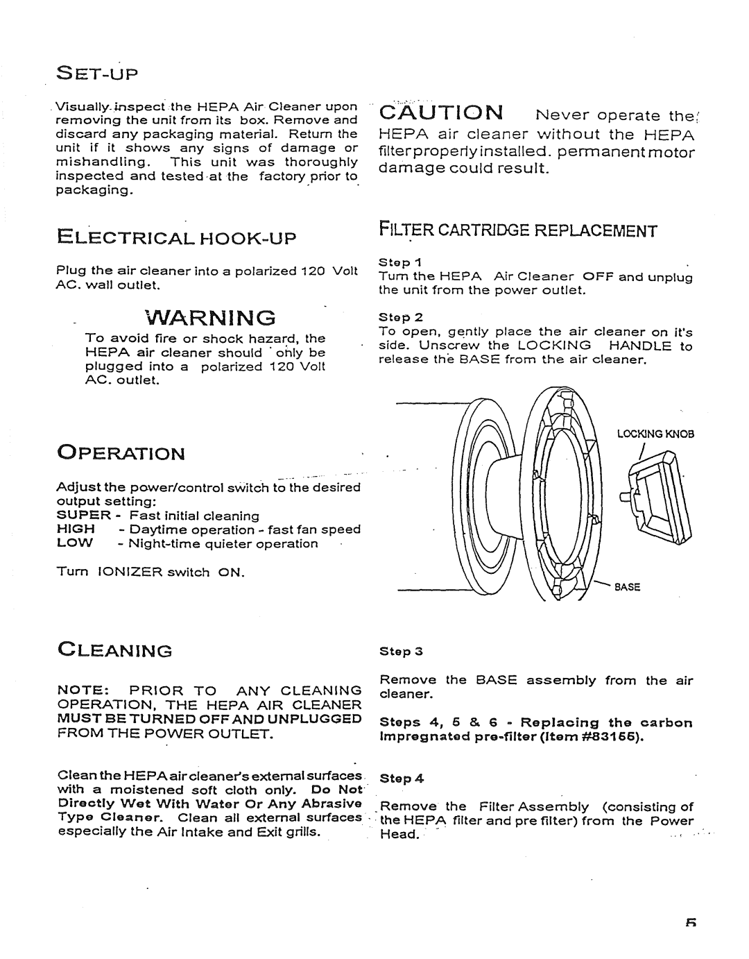 Sears 437.83163 owner manual Ar N ! N G, Electrical HOOK=UP, Filter Cartridge Replacement, Operation, Cleaning 