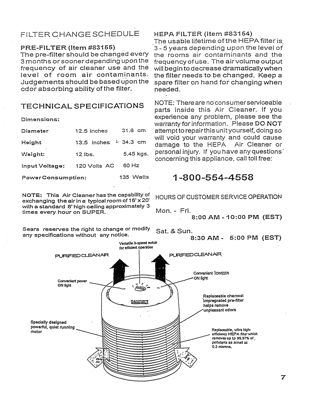 Sears 437.83163 owner manual Filter Change Schedule, Hepa Filter Item #831, Est 