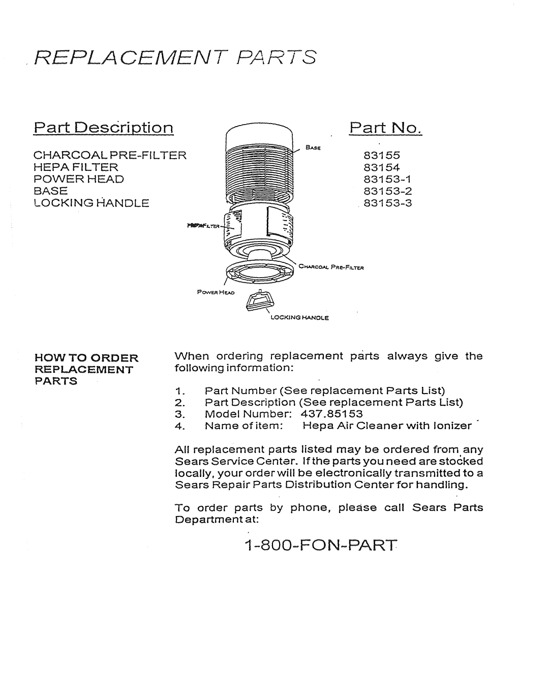 Sears 437.83163 owner manual Part Description, FO N-- Part 