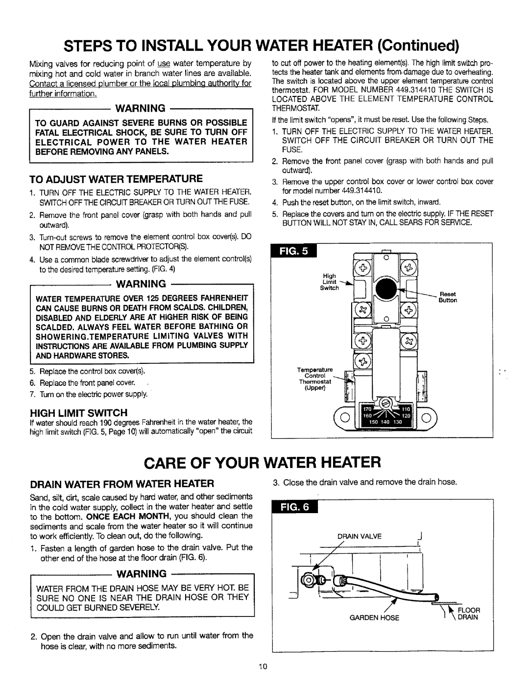 Sears 449.314410 SHORT, 449.320411, 449.320511 Care of Your Water Heater, To Adjust Water Temperature, High Limit Switch 