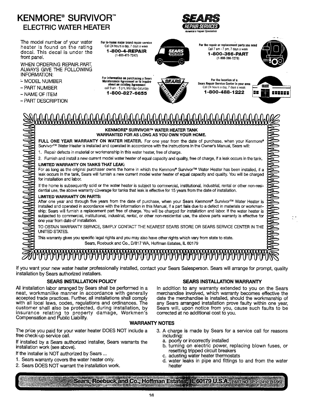 Sears 449.32031, 449.320411, 449.320511, 449.31053 Sears Installation Policy Sears Installation Warranty, Warranty Notes 