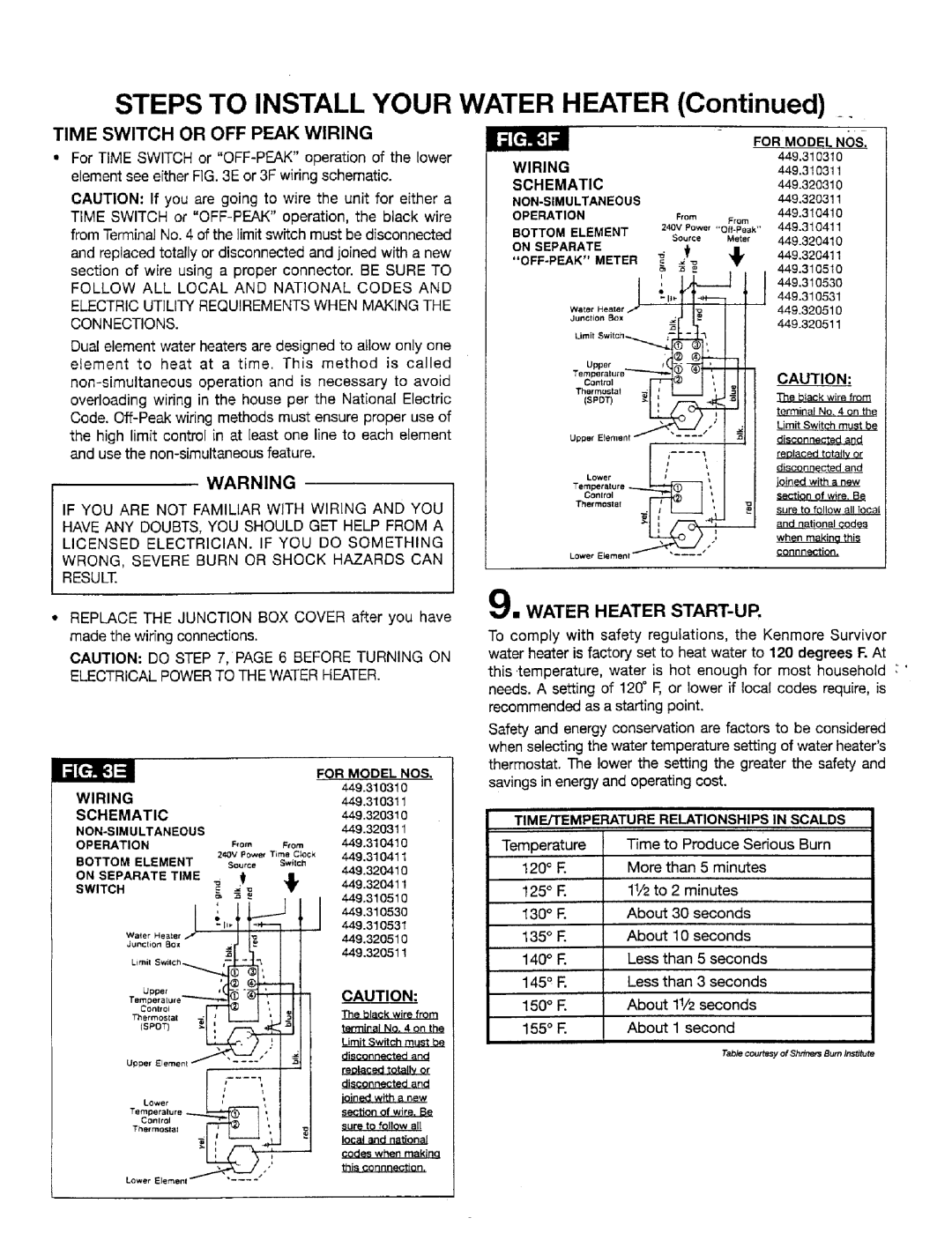 Sears 449.31041, 449.320411, 449.320511, 449.32031, 449.31053, 449.31051 Time Switch or OFF Peak Wiring, Water Heater START-UP 