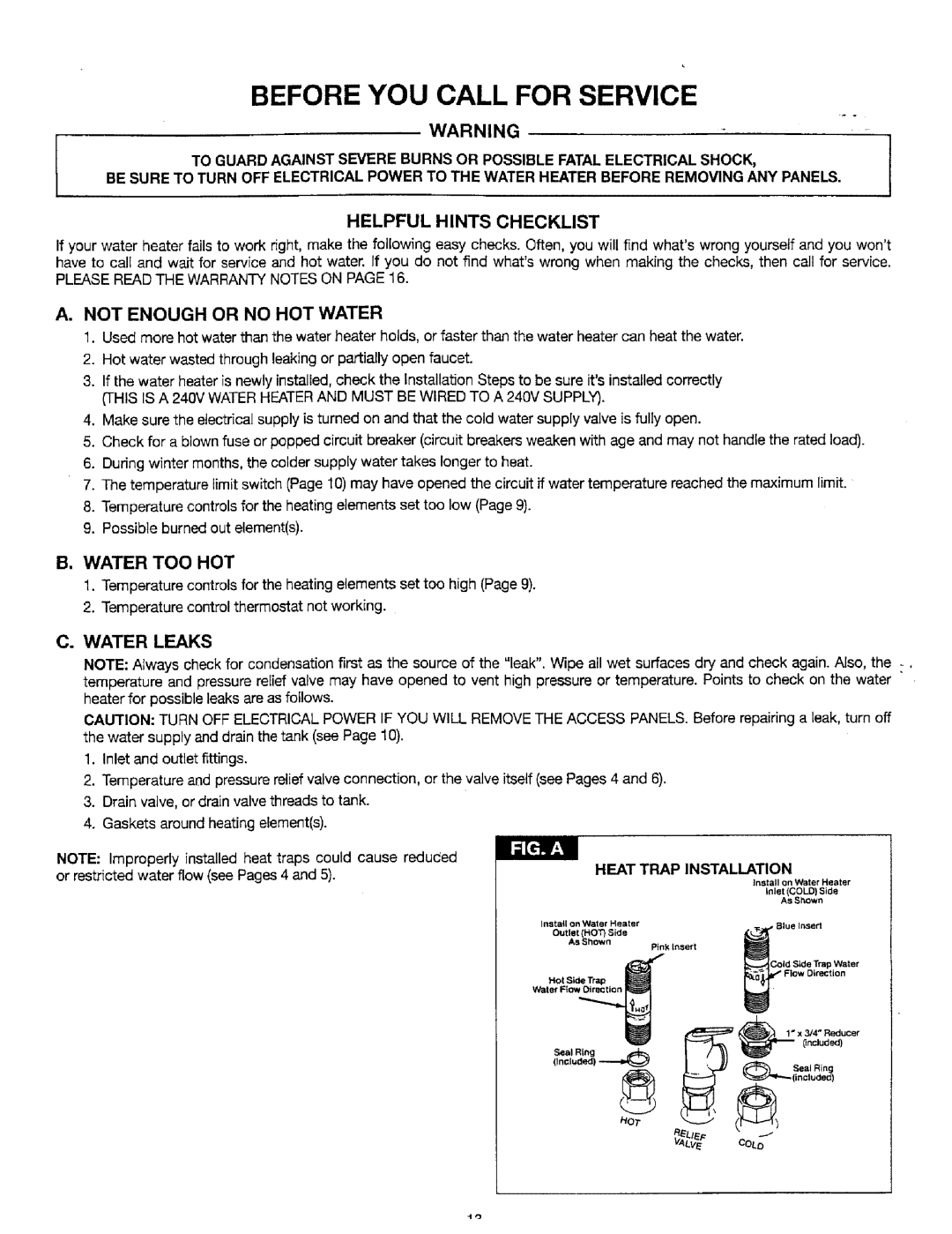 Sears 449.32051 Before You Call For Service, Helpful Hints Checklist, A. Not Enough Or No Hot Water, B. Water Too Hot 