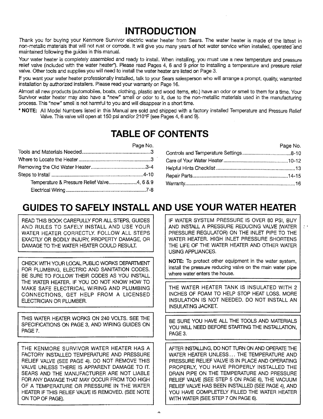 Sears 449.32031, 449.320411 Introduction, Table Of Contents, Guides To Safely Install And Use Your Water Heater, Page No 