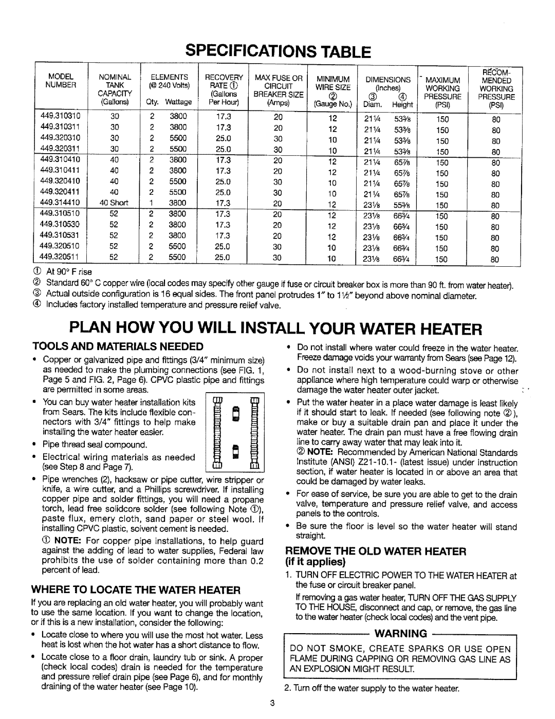 Sears 449.31053 Specifications, Plan How You Will Install Your Water Heater, Arnps, Tools And Materials Needed, Warningi 