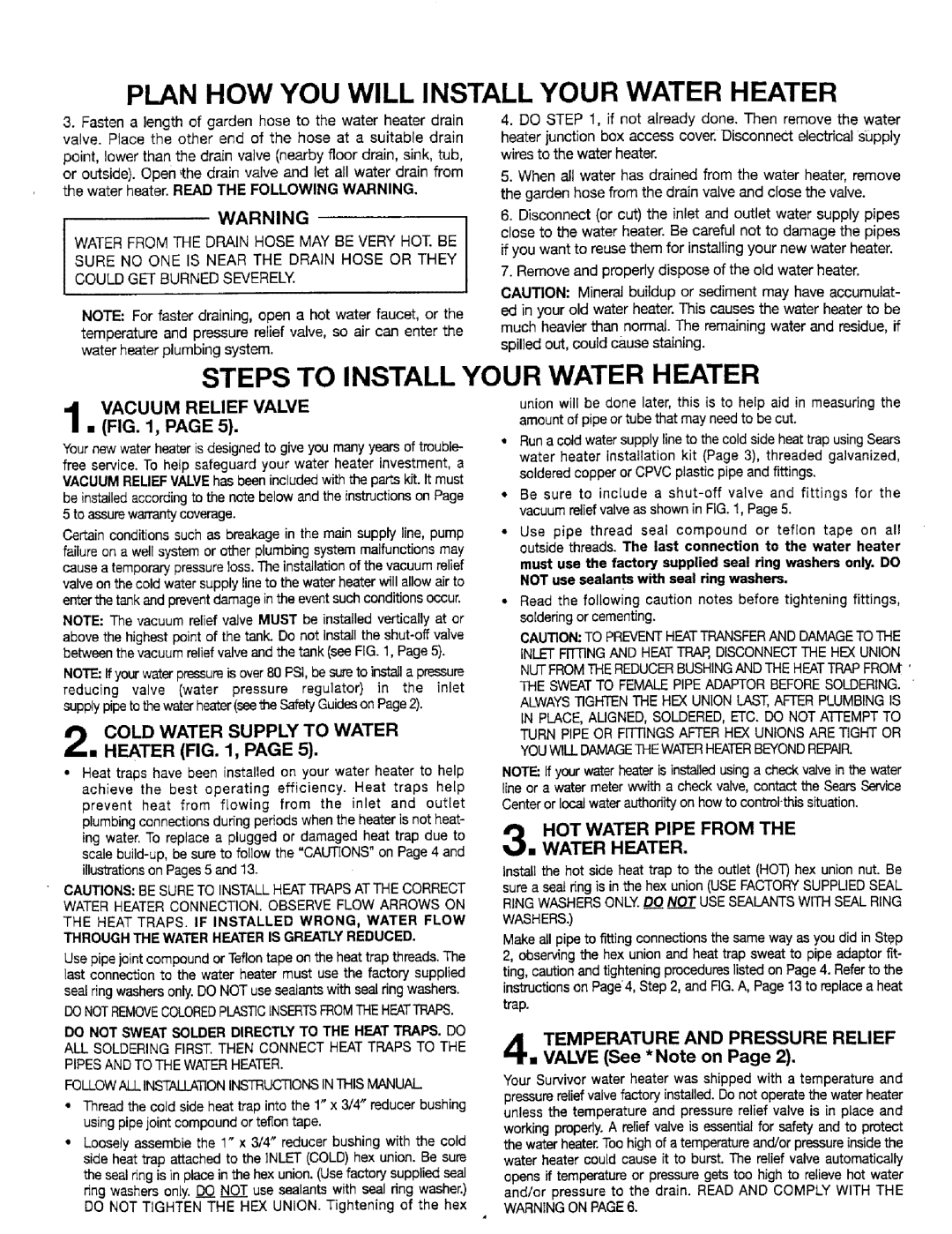 Sears 449.32041 Steps To Install Your Water Heater, Vacuum Relief Valve , Page, Cold Water Supply To Water Heater , Page 