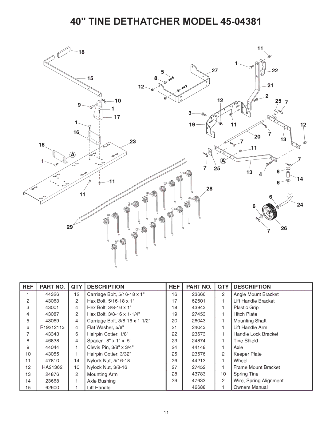 Sears 45-04381 owner manual Tine Dethatcher Model 