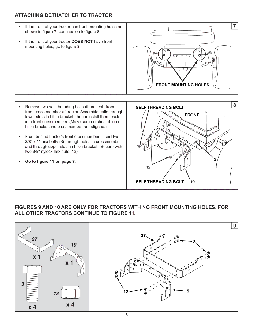 Sears 45-04381 owner manual Attaching Dethatcher to Tractor, Front Mounting Holes, Self Threading Bolt Front 