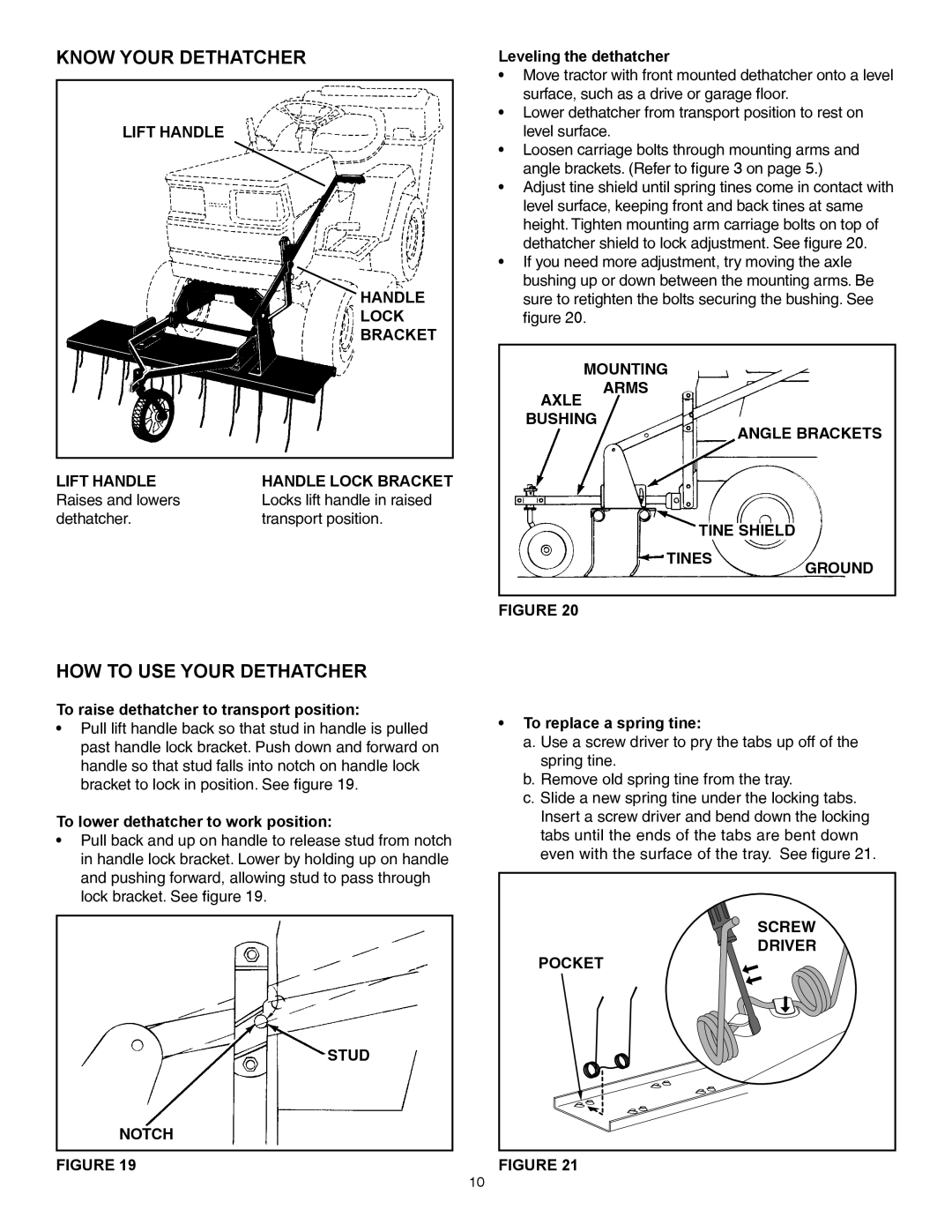 Sears 45-04381 Know Your Dethatcher, How To Use Your Dethatcher, Lift Handle Handle Lock Bracket, Leveling the dethatcher 