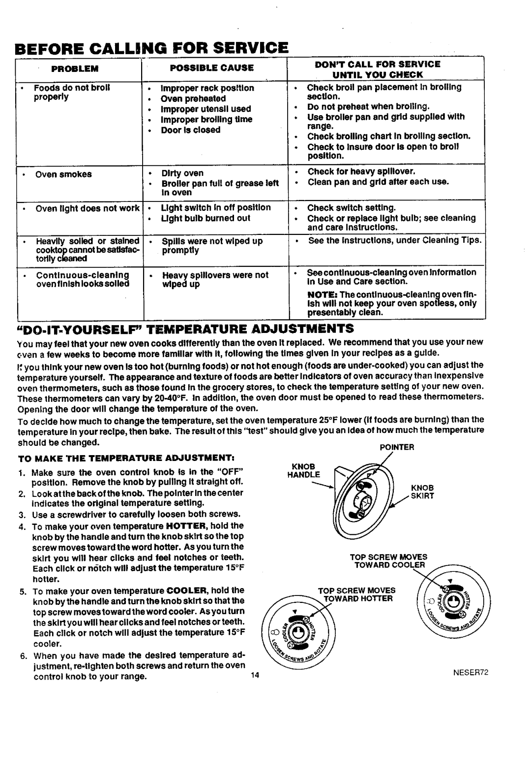 Sears 45321, 45221 DO-IT-YOURSELFTB=MPERATURE Adjustments, Problem, Possible Cause, Dont Call for Service Until YOU Check 